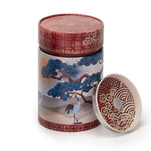 червена кръгла метална кутия за съхранение на чай с двоен капак и арт принт на природна картина с жерави
